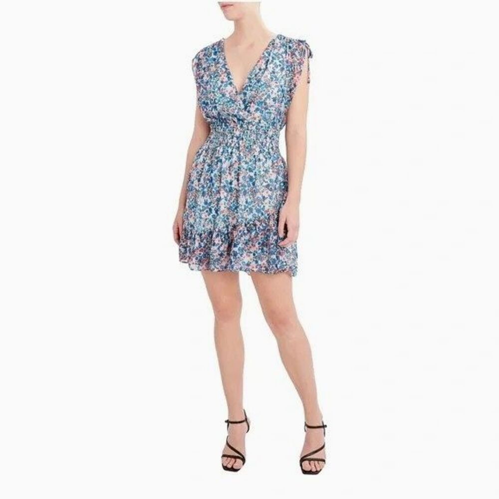 BCBG Paris Dress Size XL Blue Floral Cinched Waist Ruffle Boho Cottagecore Fairy